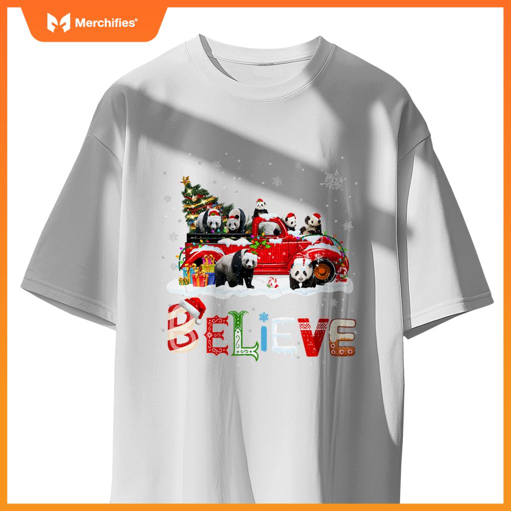 Panda Riding Red Truck Christmas Tree Believe Santa Pajama T-Shirt