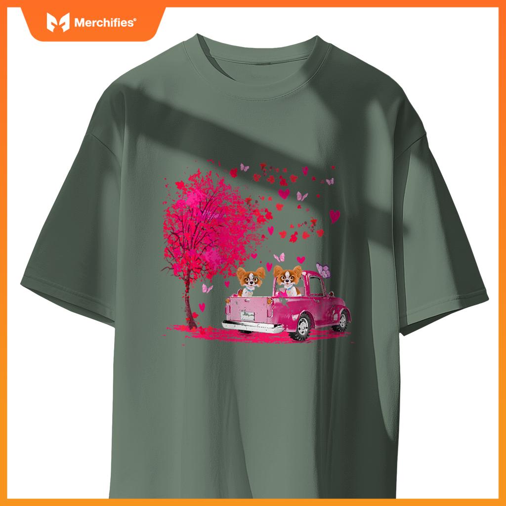 Papillon Couple Truck Happy Valentines Day S T-Shirt