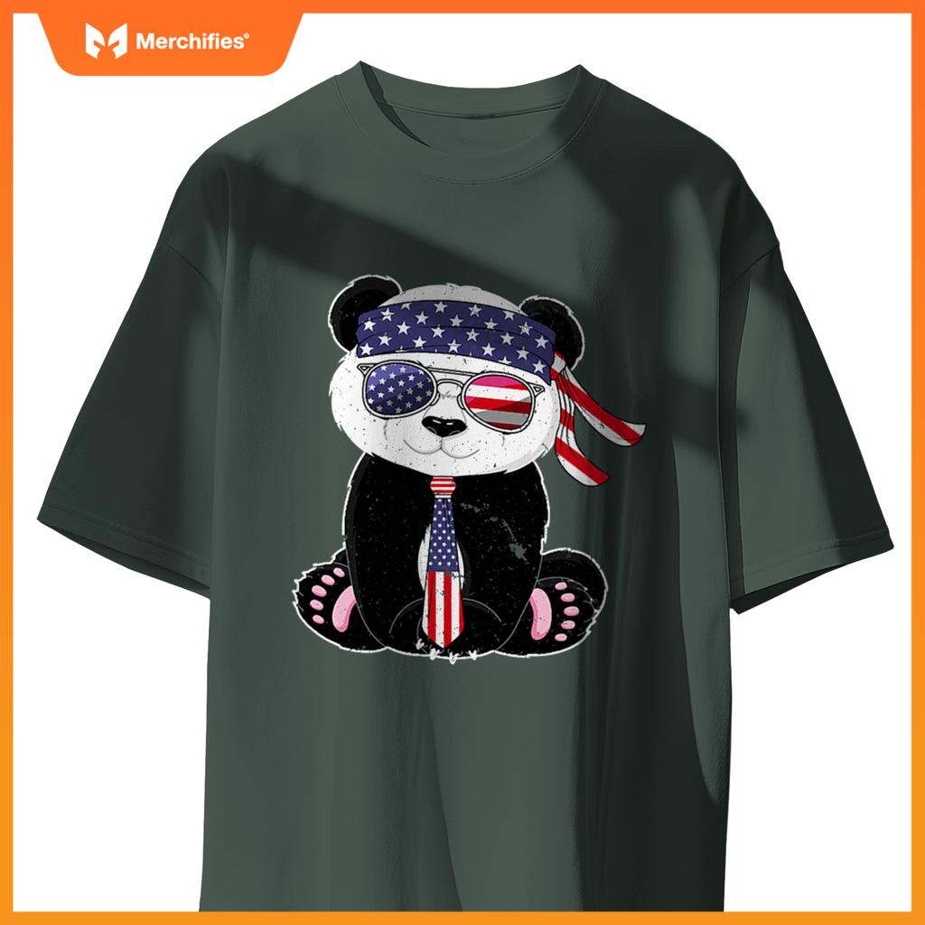 Patriotic panda bear sunglasses headband necktie us flag T-Shirt