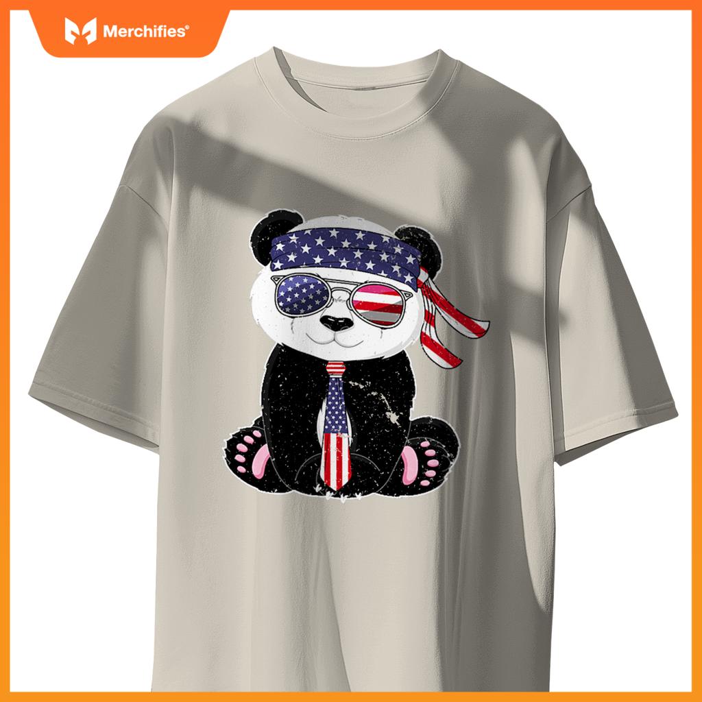 Patriotic panda bear sunglasses headband necktie us flag T-Shirt