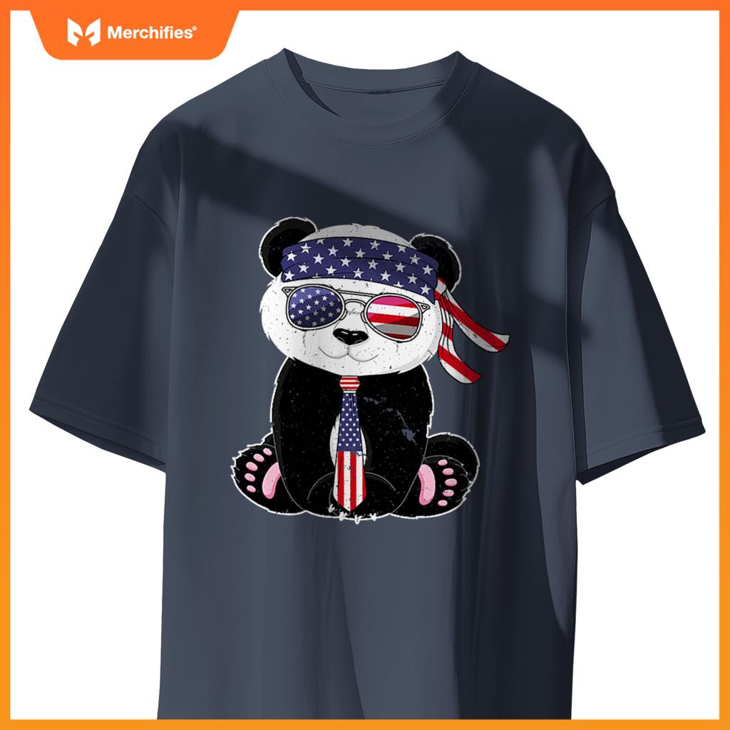 Patriotic panda bear sunglasses headband necktie us flag T-Shirt