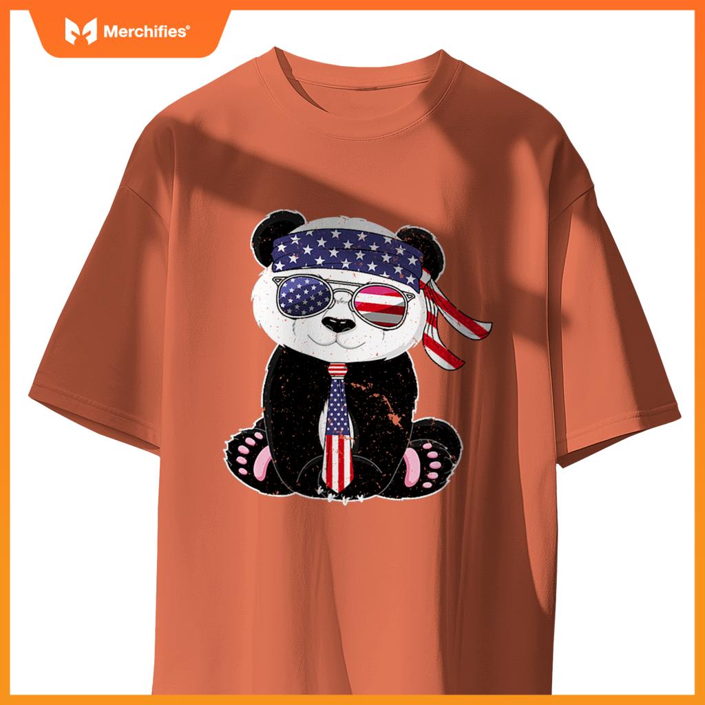 Patriotic panda bear sunglasses headband necktie us flag T-Shirt