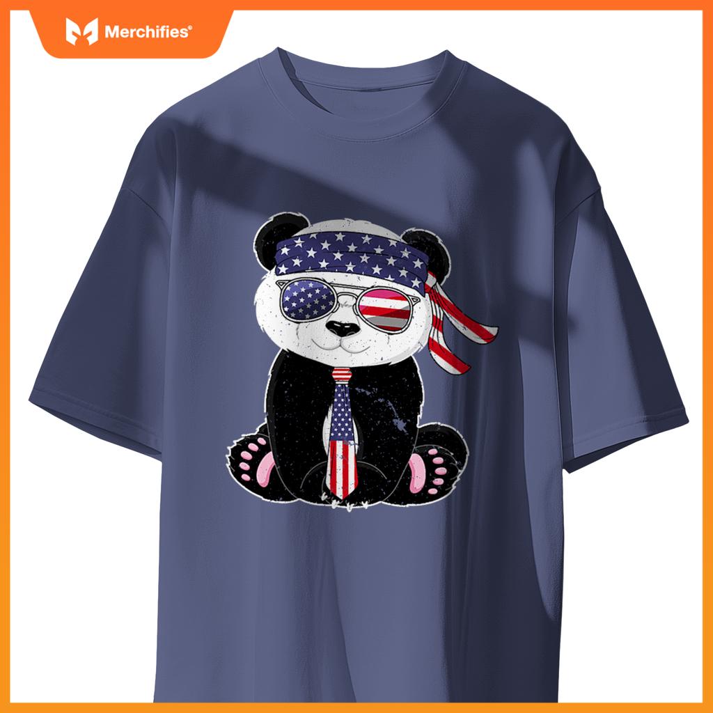 Patriotic panda bear sunglasses headband necktie us flag T-Shirt