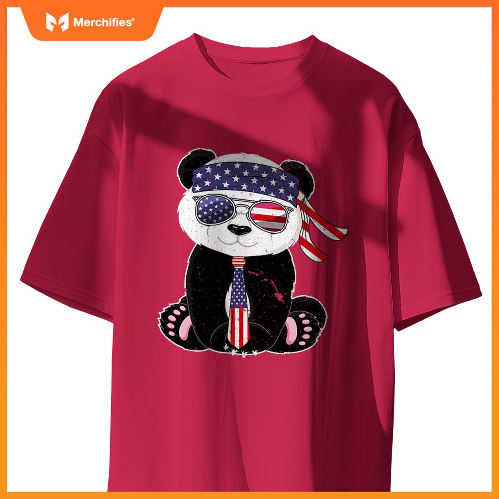 Patriotic panda bear sunglasses headband necktie us flag T-Shirt