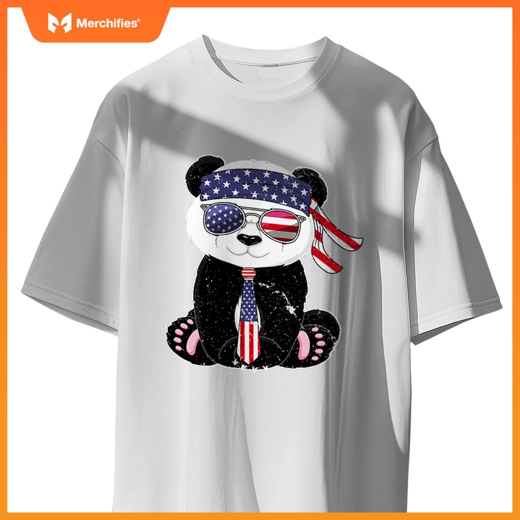 Patriotic panda bear sunglasses headband necktie us flag T-Shirt
