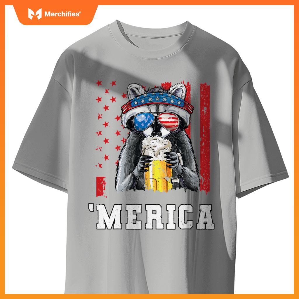 Patriotic raccoon merica usa flag drinking team 4th of july T-Shirt