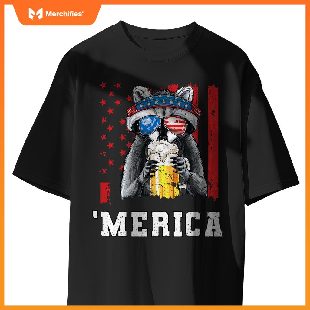 Patriotic raccoon merica usa flag drinking team 4th of july T-Shirt