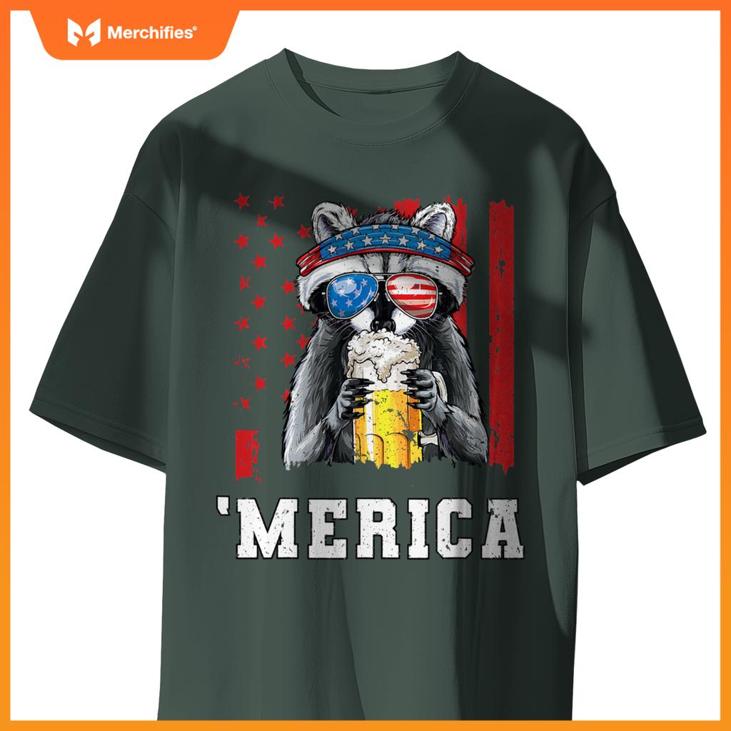 Patriotic raccoon merica usa flag drinking team 4th of july T-Shirt