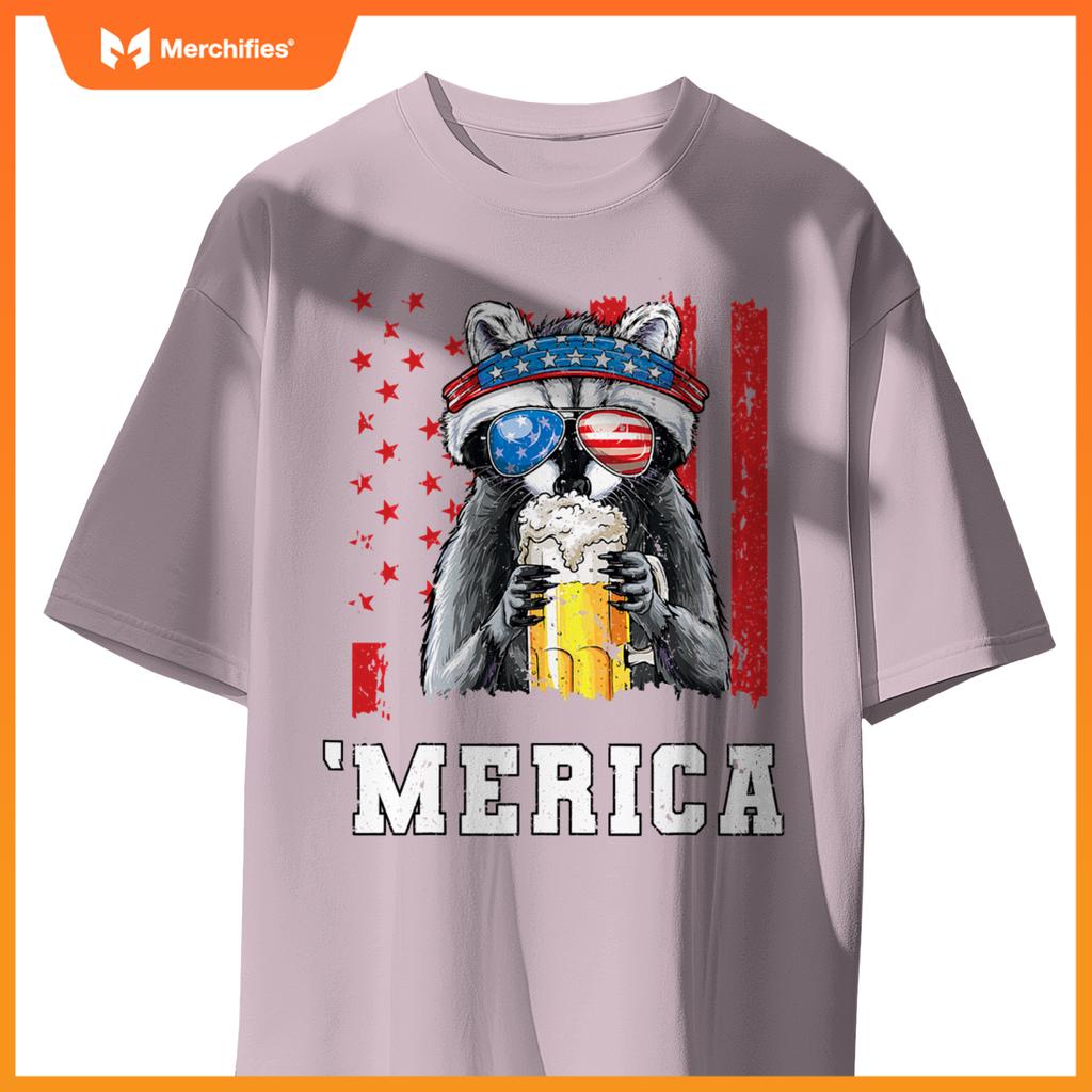 Patriotic raccoon merica usa flag drinking team 4th of july T-Shirt