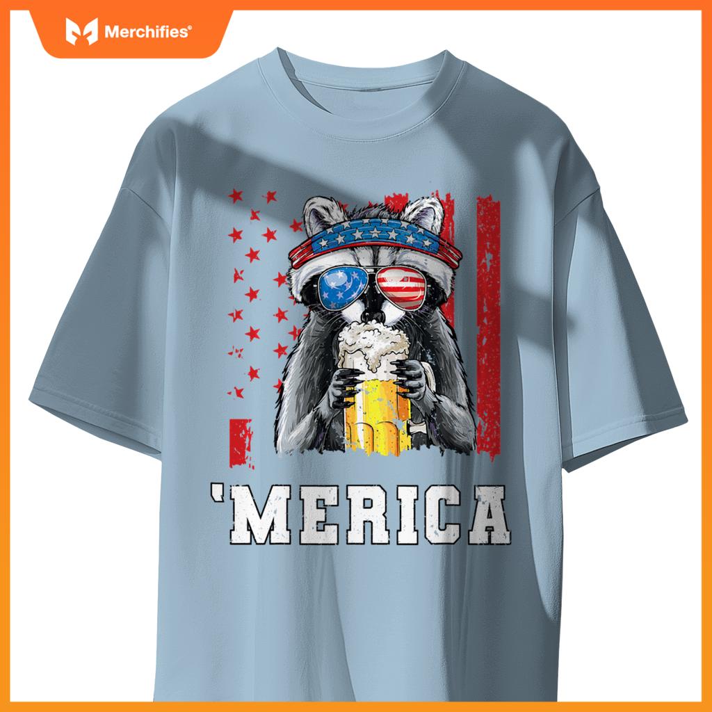 Patriotic raccoon merica usa flag drinking team 4th of july T-Shirt