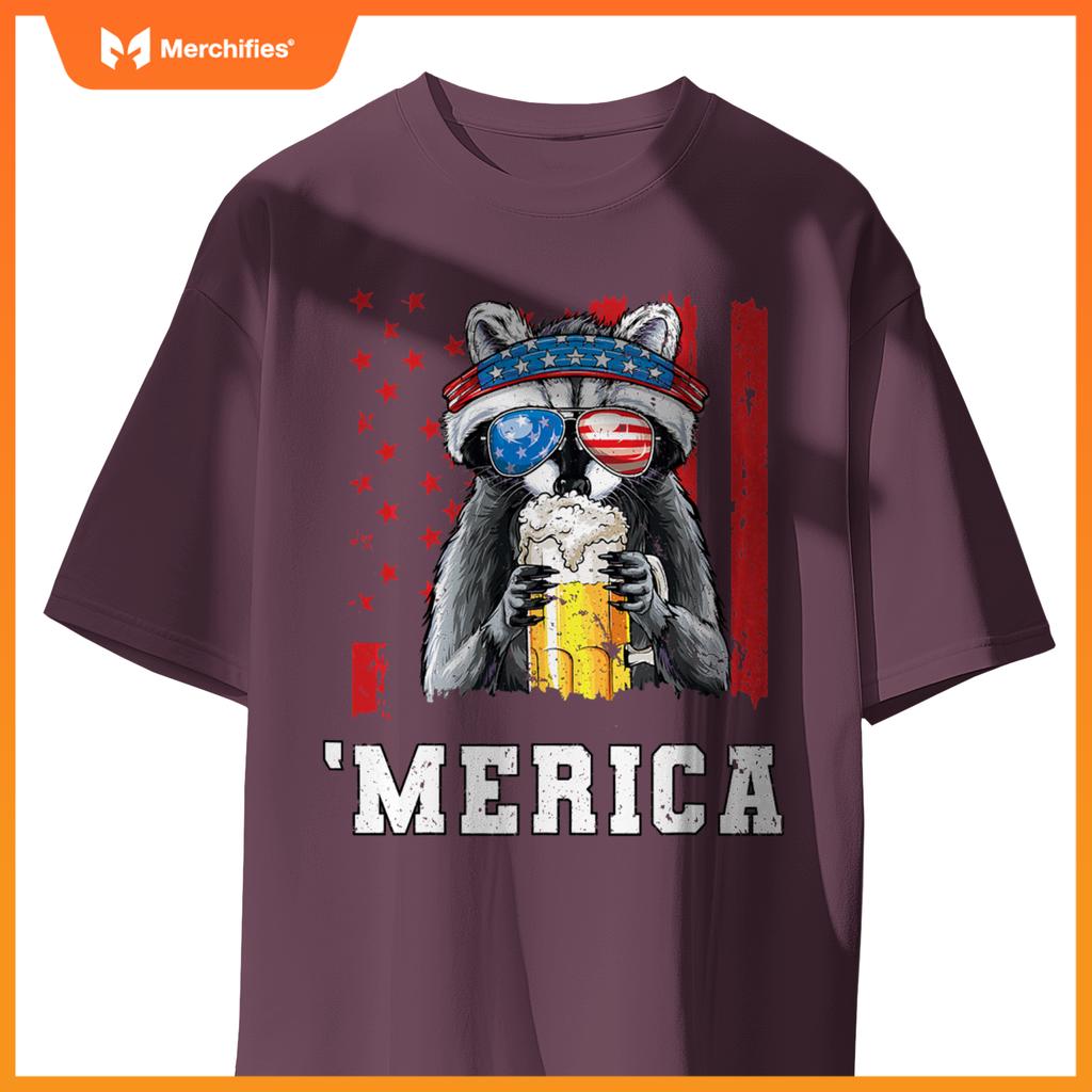 Patriotic raccoon merica usa flag drinking team 4th of july T-Shirt