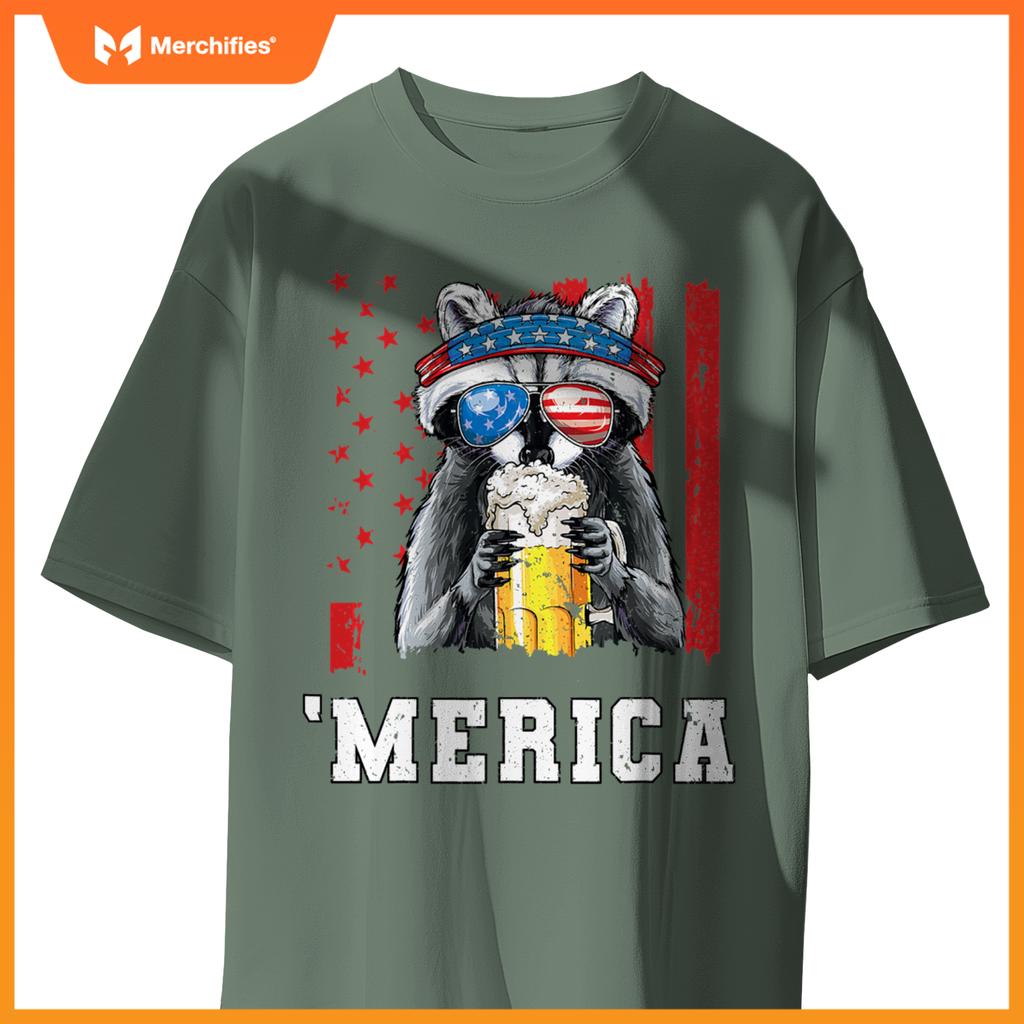 Patriotic raccoon merica usa flag drinking team 4th of july T-Shirt