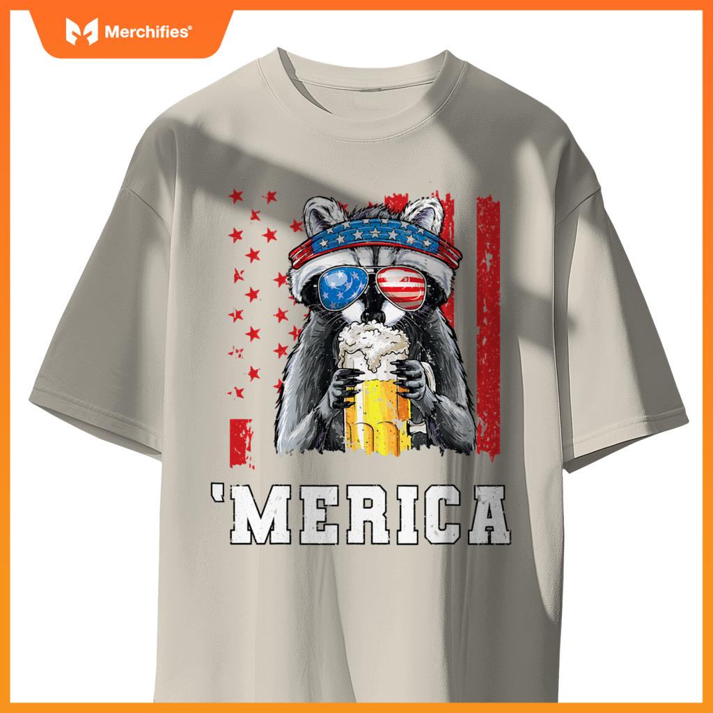 Patriotic raccoon merica usa flag drinking team 4th of july T-Shirt