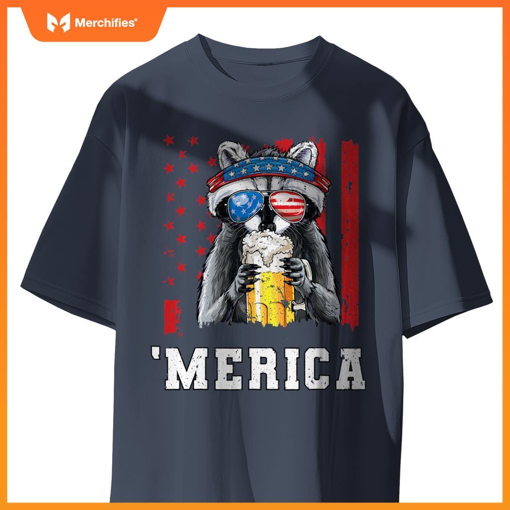 Patriotic raccoon merica usa flag drinking team 4th of july T-Shirt