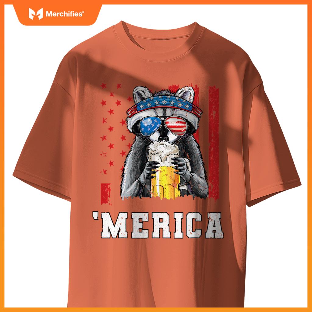Patriotic raccoon merica usa flag drinking team 4th of july T-Shirt
