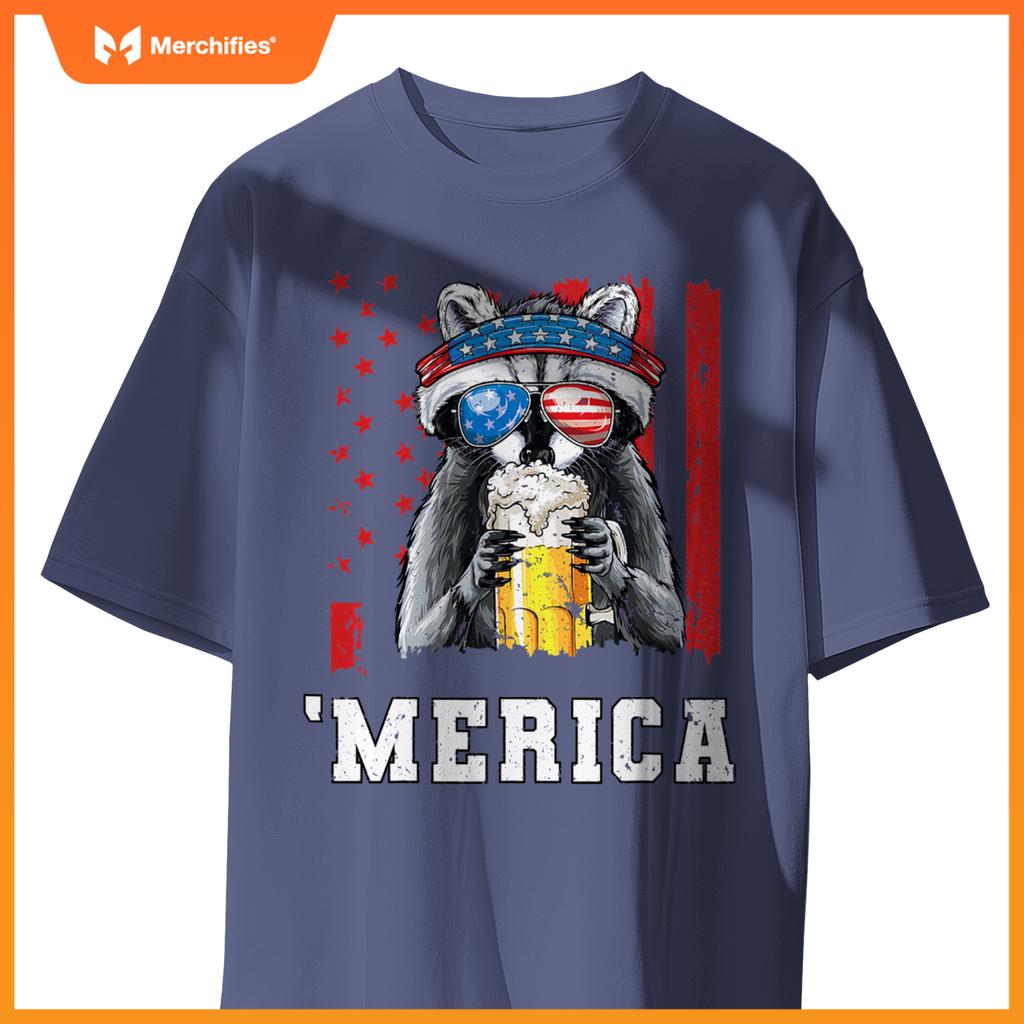 Patriotic raccoon merica usa flag drinking team 4th of july T-Shirt