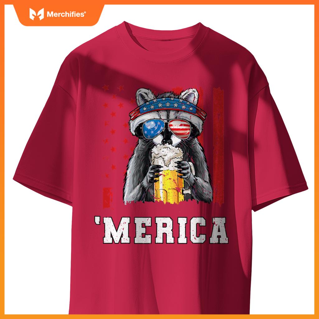 Patriotic raccoon merica usa flag drinking team 4th of july T-Shirt