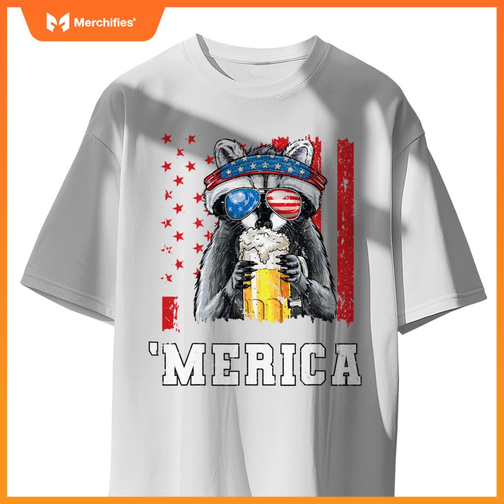 Patriotic raccoon merica usa flag drinking team 4th of july T-Shirt