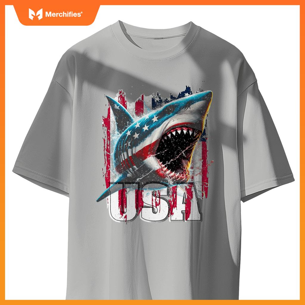 Patriotic shark american flag 4th of july humor new T-Shirt