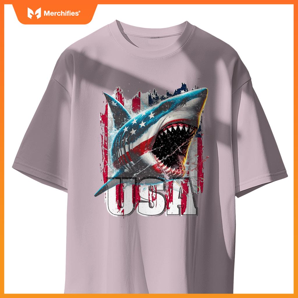 Patriotic shark american flag 4th of july humor new T-Shirt
