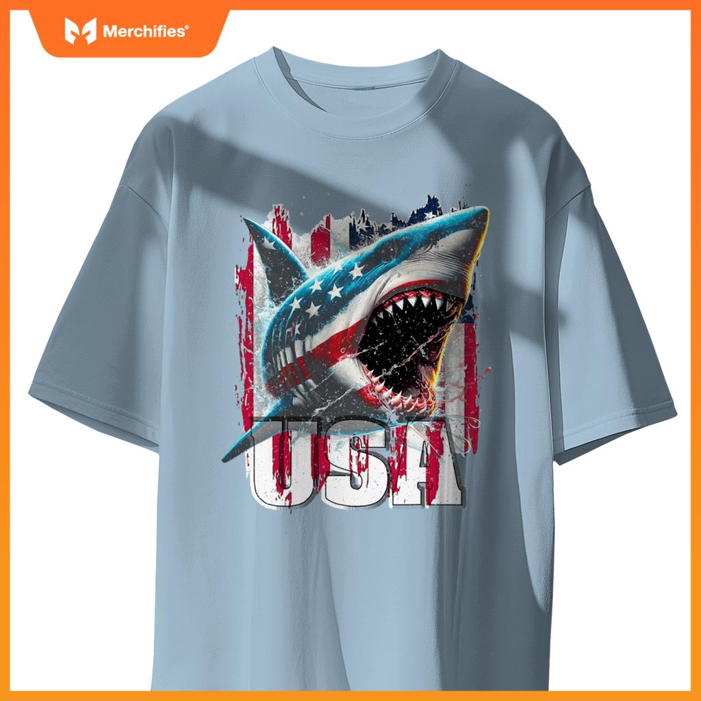Patriotic shark american flag 4th of july humor new T-Shirt