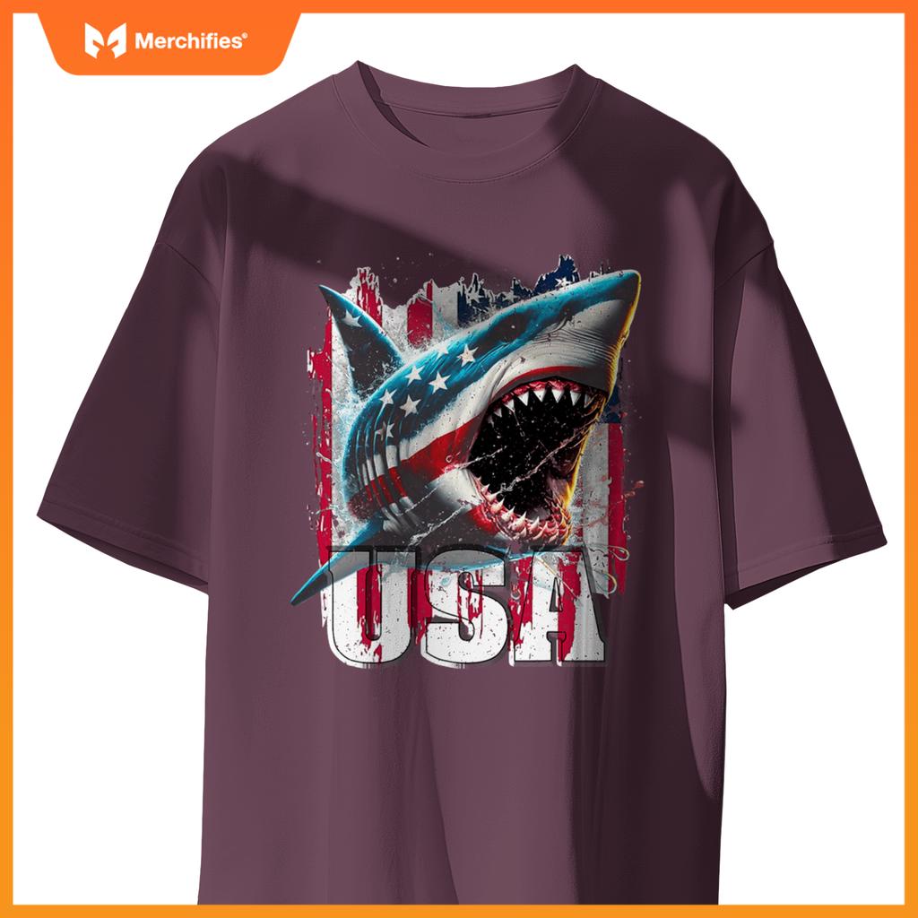 Patriotic shark american flag 4th of july humor new T-Shirt