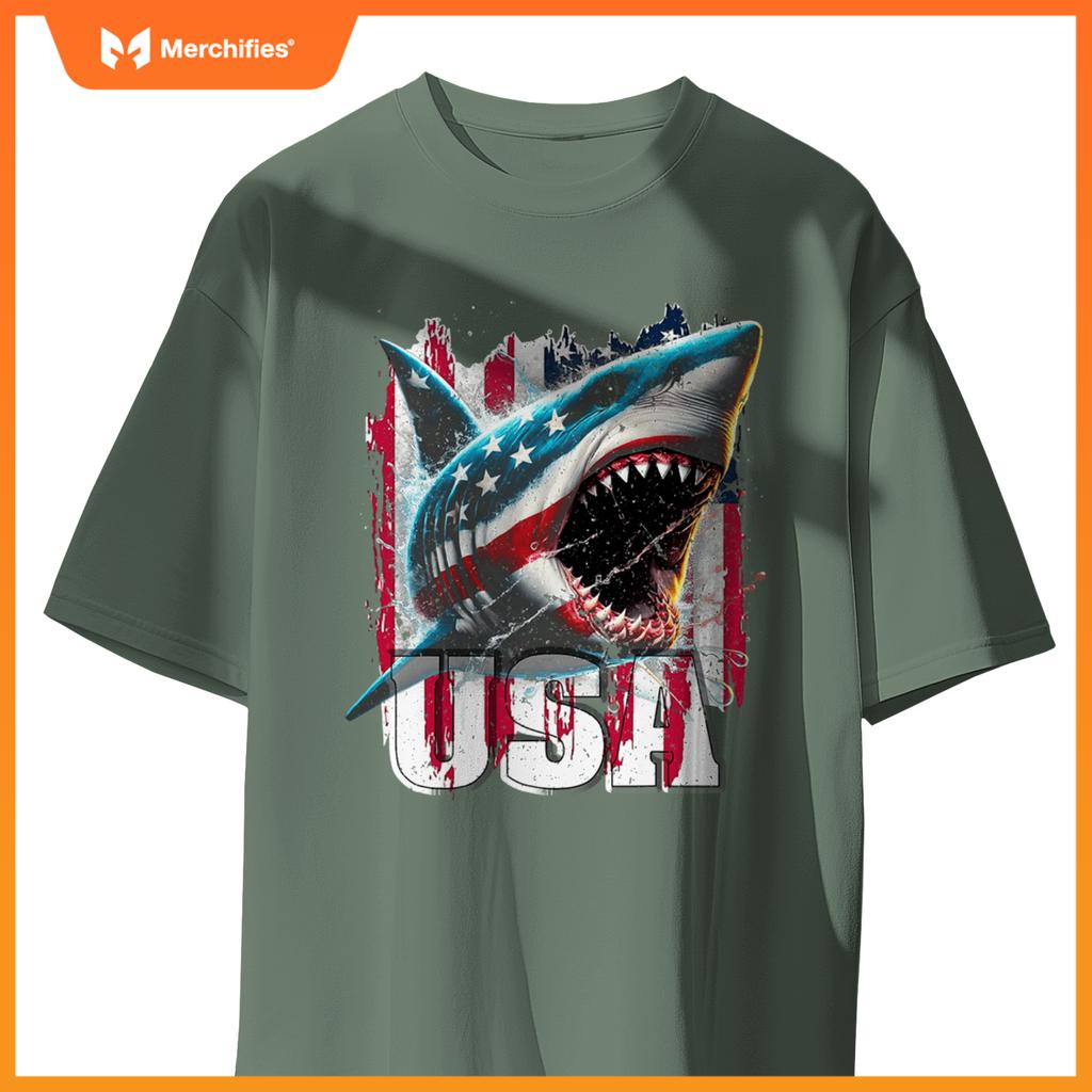 Patriotic shark american flag 4th of july humor new T-Shirt