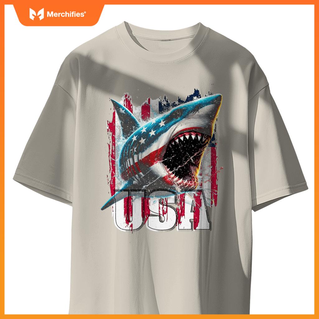 Patriotic shark american flag 4th of july humor new T-Shirt