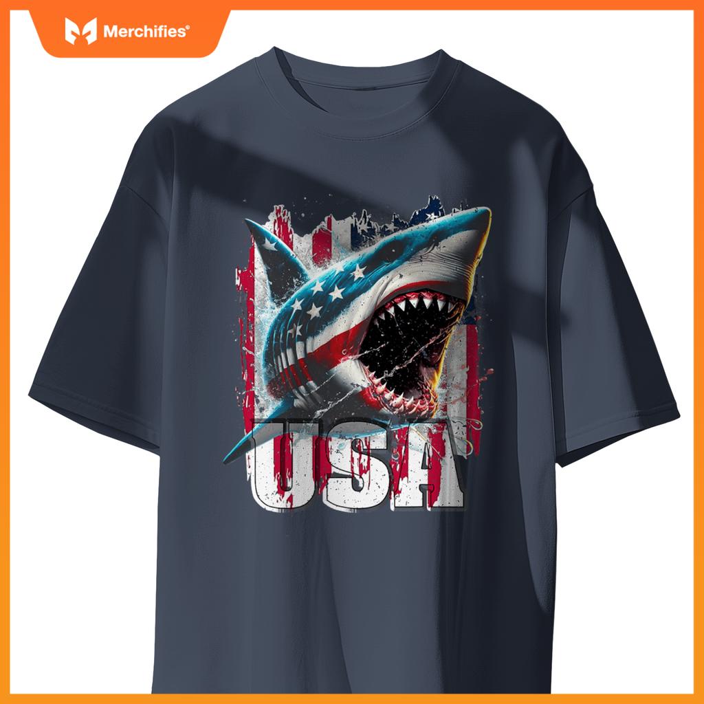 Patriotic shark american flag 4th of july humor new T-Shirt