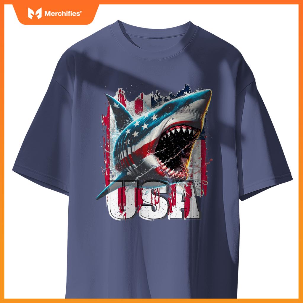 Patriotic shark american flag 4th of july humor new T-Shirt