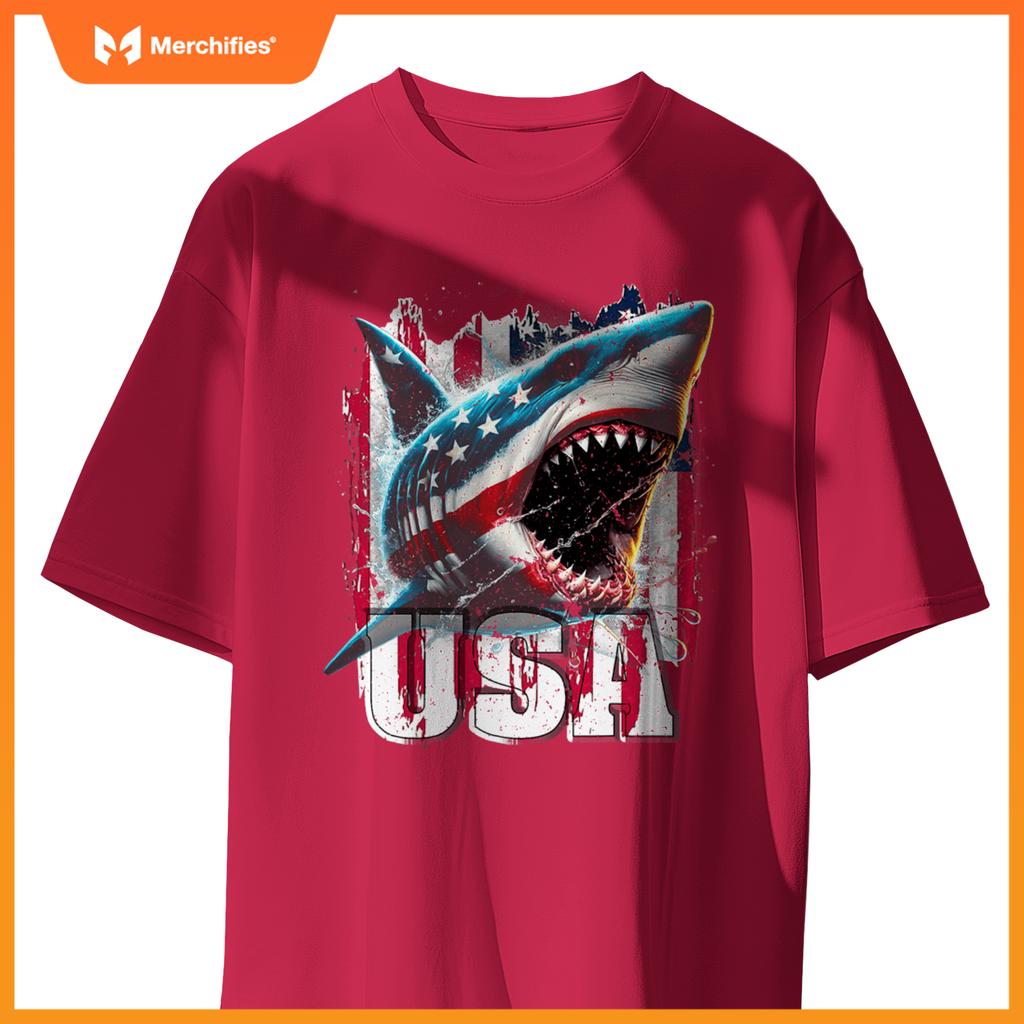 Patriotic shark american flag 4th of july humor new T-Shirt