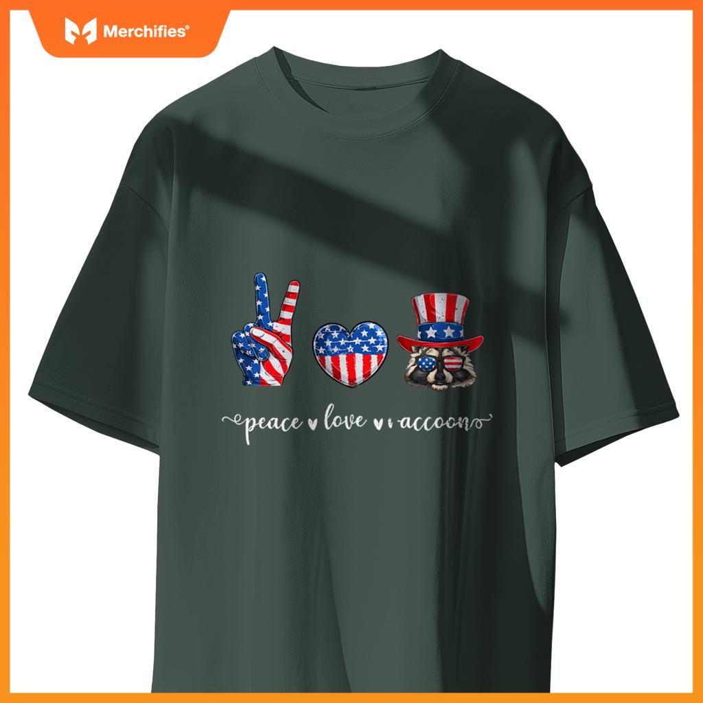 Peace love raccoon patriotic usa flag 4th july T-Shirt