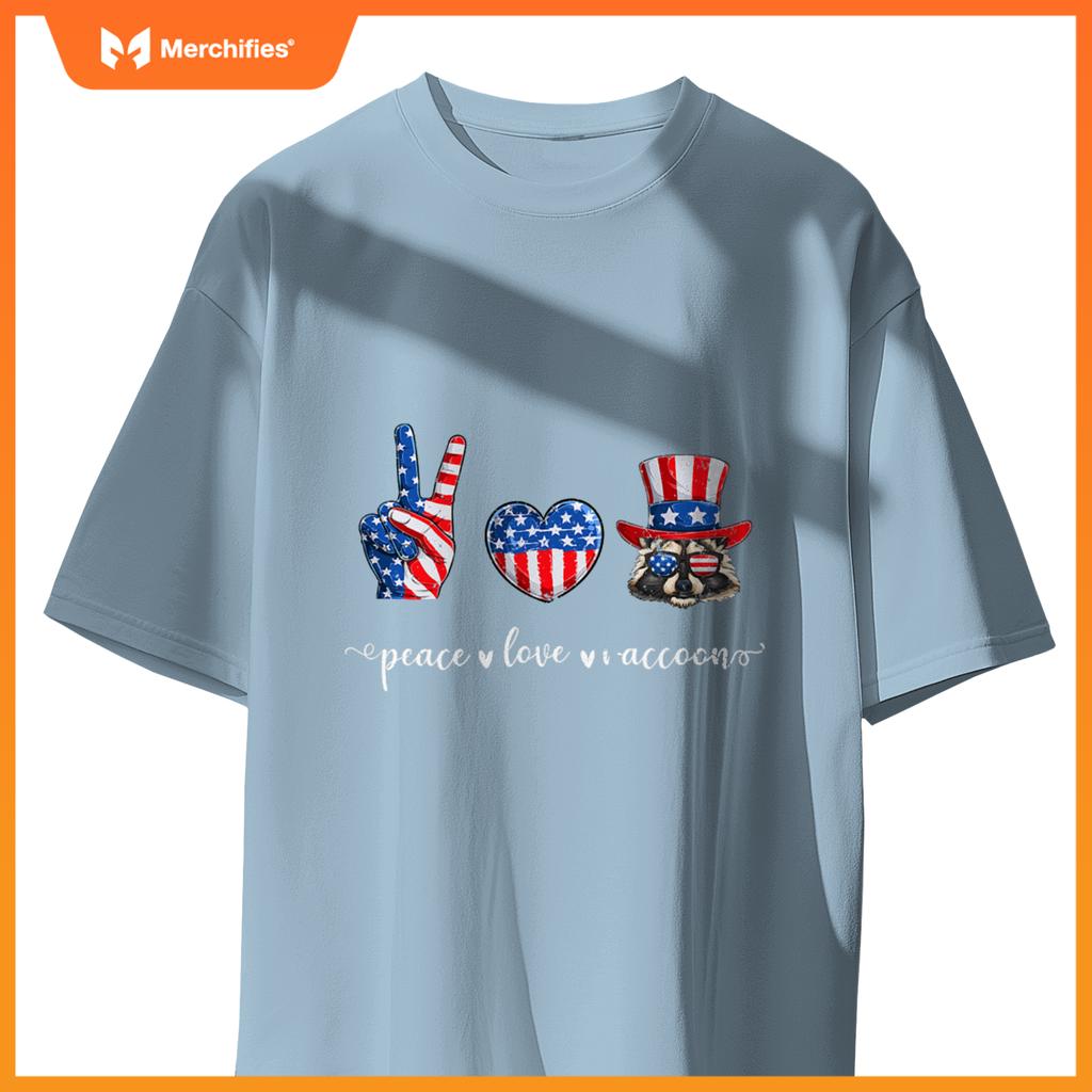 Peace love raccoon patriotic usa flag 4th july T-Shirt