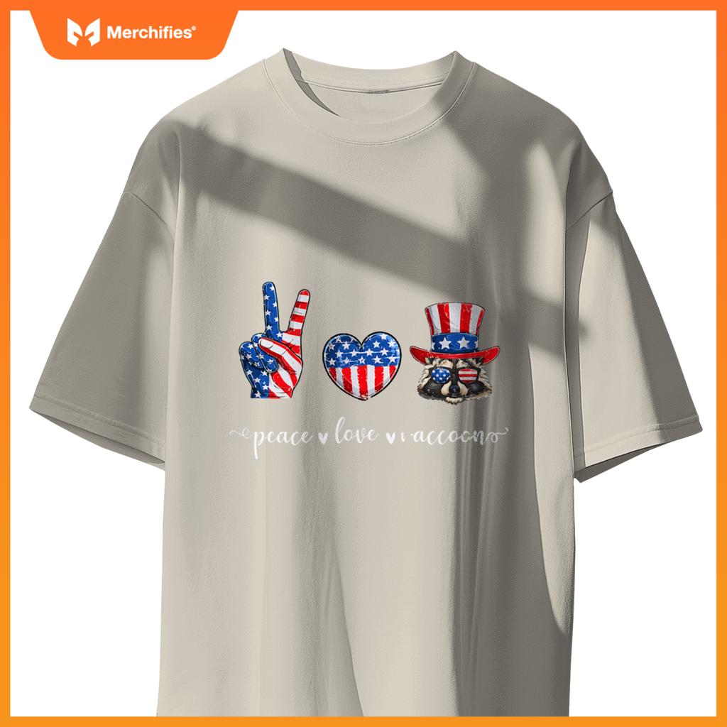 Peace love raccoon patriotic usa flag 4th july T-Shirt