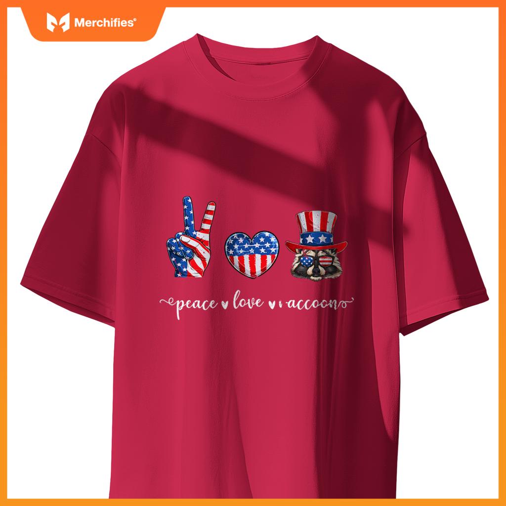 Peace love raccoon patriotic usa flag 4th july T-Shirt