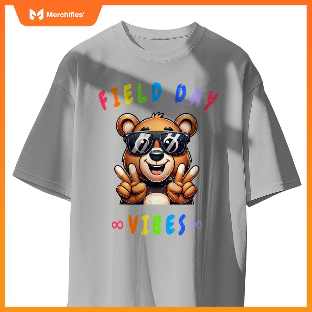 Playful bear peace sign teacher kids happy field day vibes