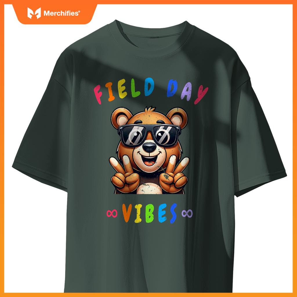 Playful bear peace sign teacher kids happy field day vibes