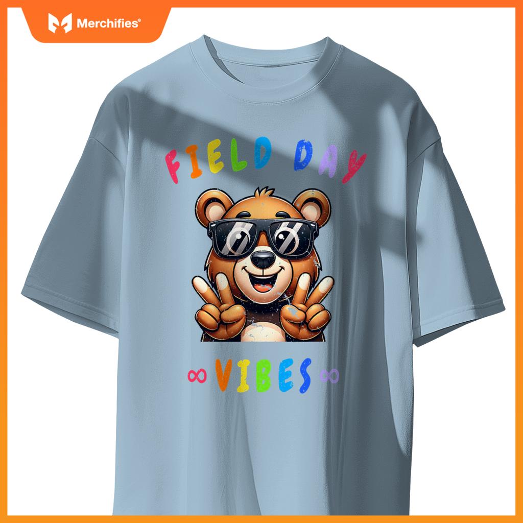 Playful bear peace sign teacher kids happy field day vibes