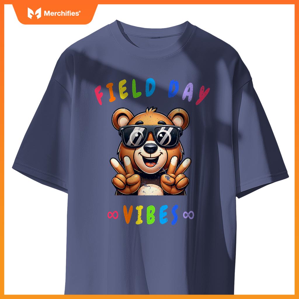 Playful bear peace sign teacher kids happy field day vibes