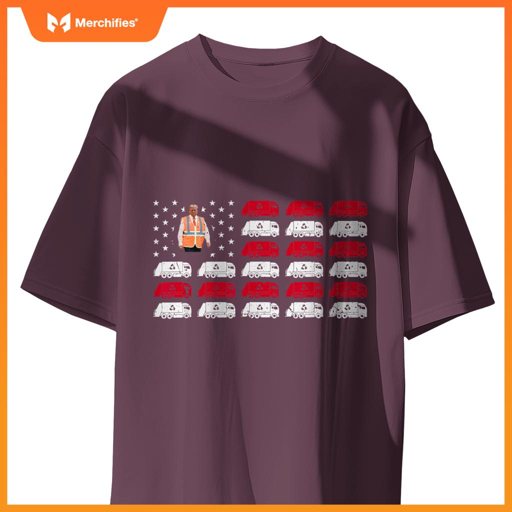 President Trump Garbage Truck Worker Vest Usa Flag Maga 2025 T-Shirt