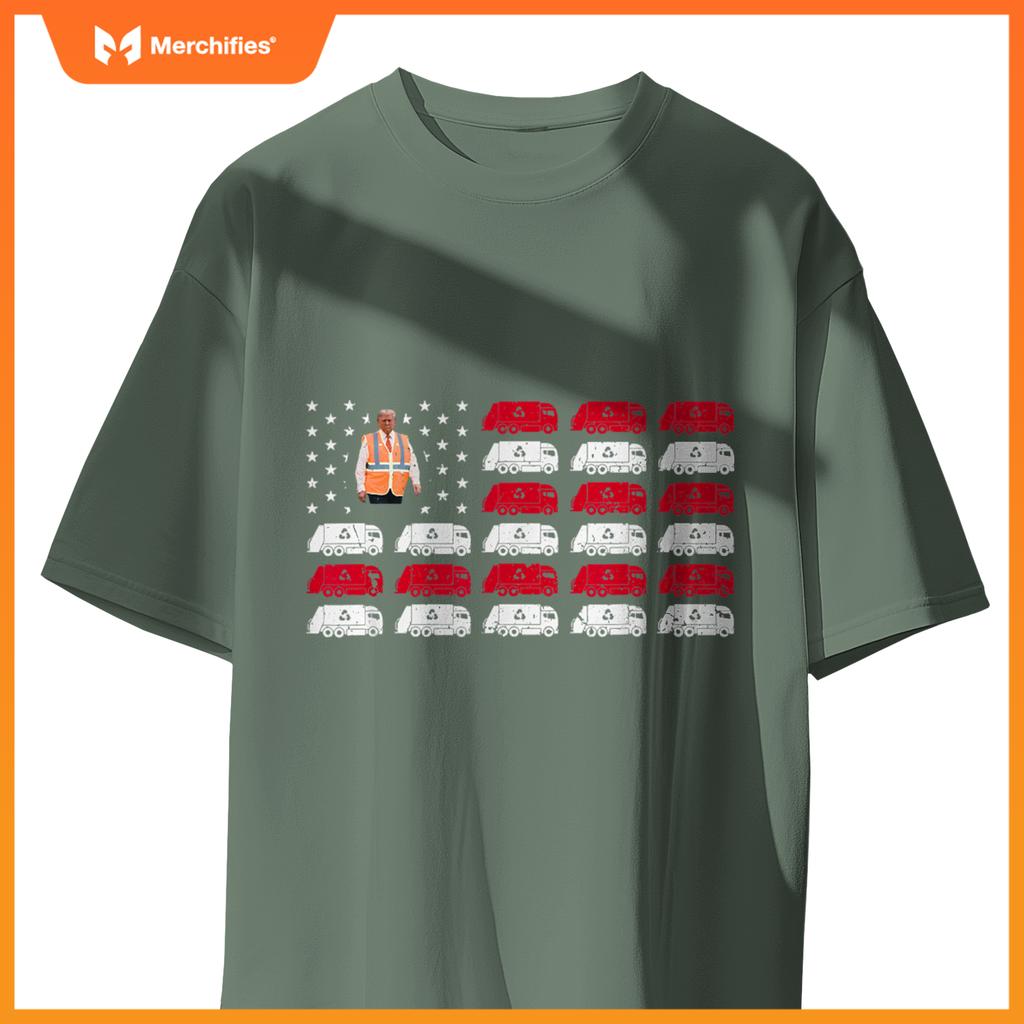 President Trump Garbage Truck Worker Vest Usa Flag Maga 2025 T-Shirt