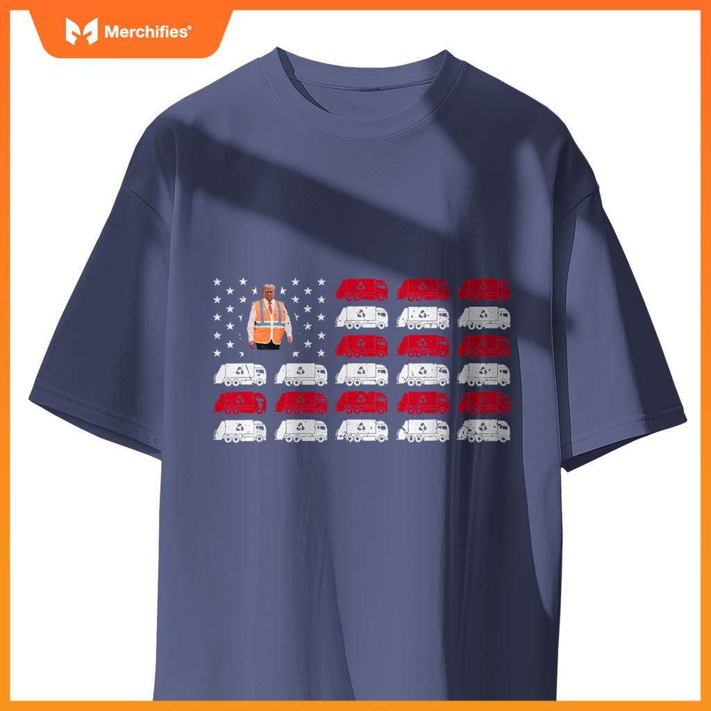 President Trump Garbage Truck Worker Vest Usa Flag Maga 2025 T-Shirt