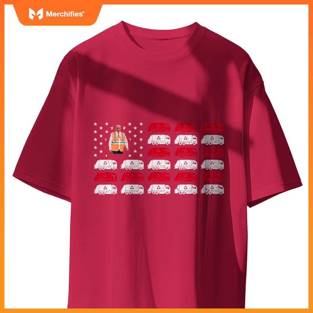 President Trump Garbage Truck Worker Vest Usa Flag Maga 2025 T-Shirt
