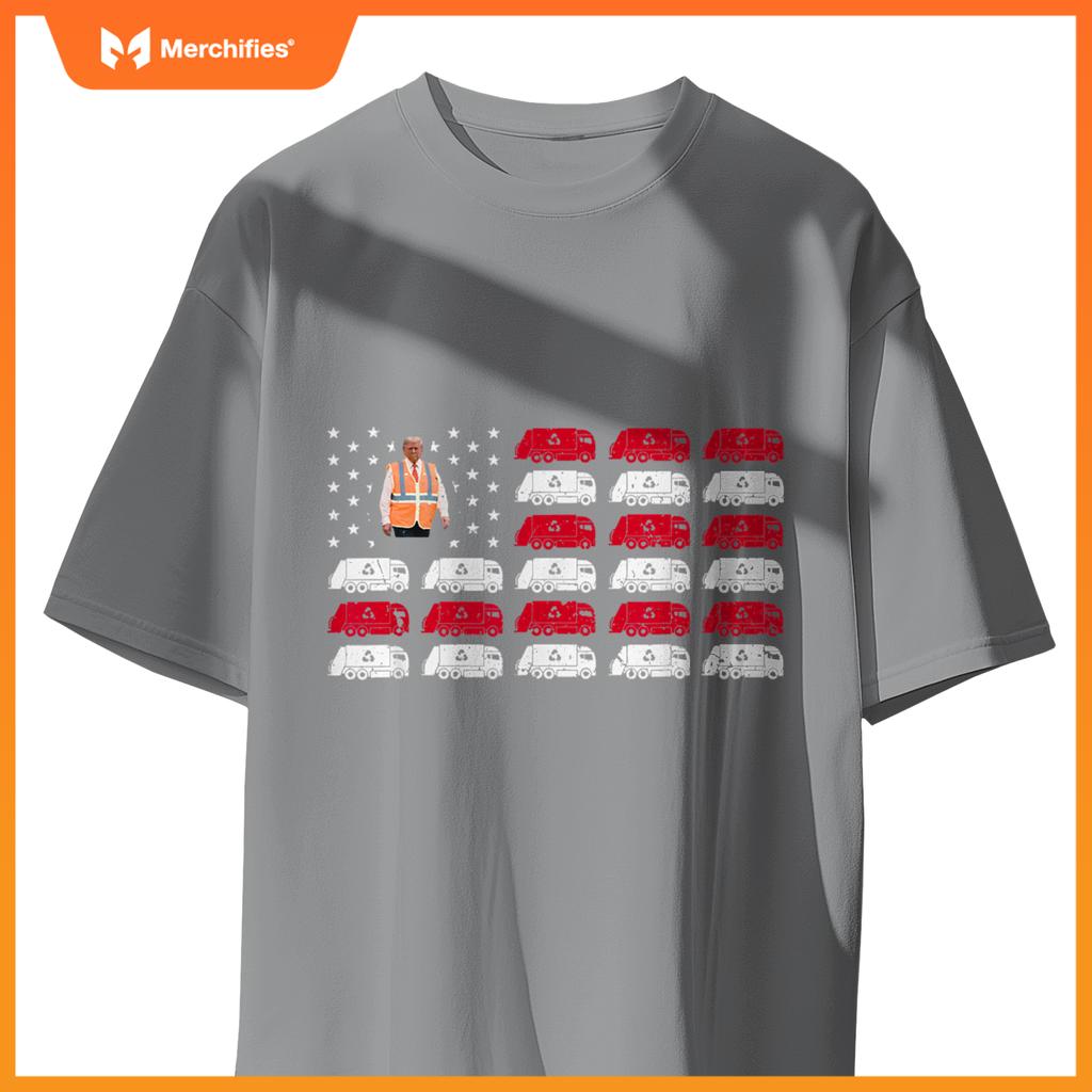 President Trump Garbage Truck Worker Vest Usa Flag Maga 2025 T-Shirt