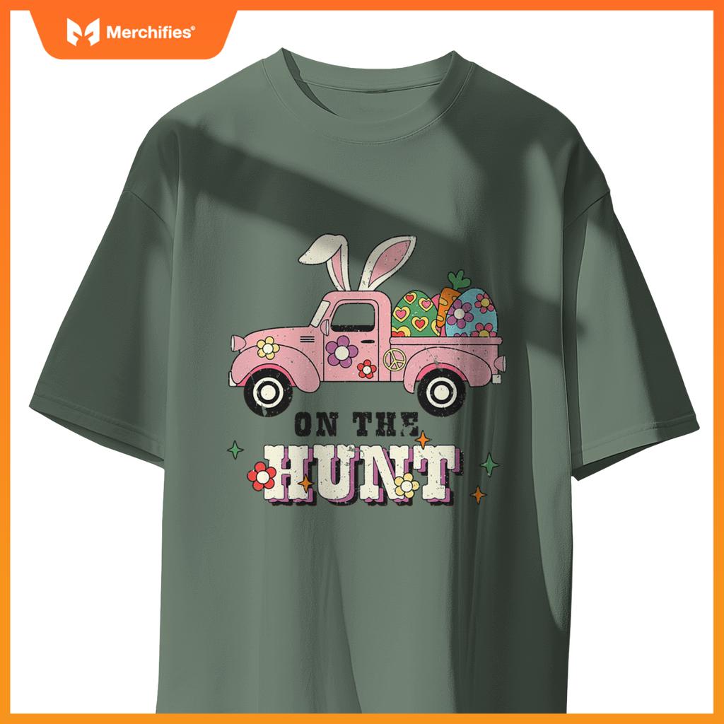 Rabbit Ears On Hunt Easter Bunny Truck Egg Graphic T-Shirt