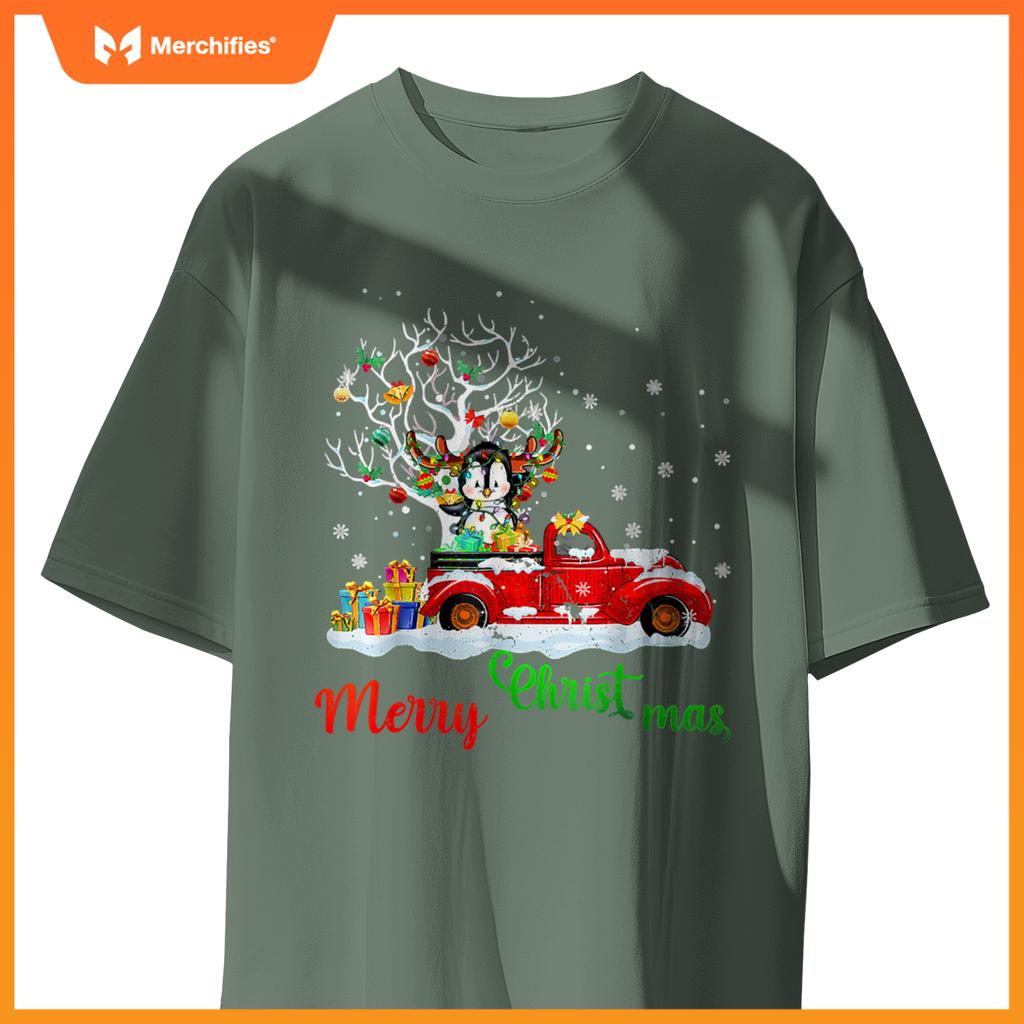 Rabbit On Red Truck Christmas Pajama Xmas Tree T-Shirt