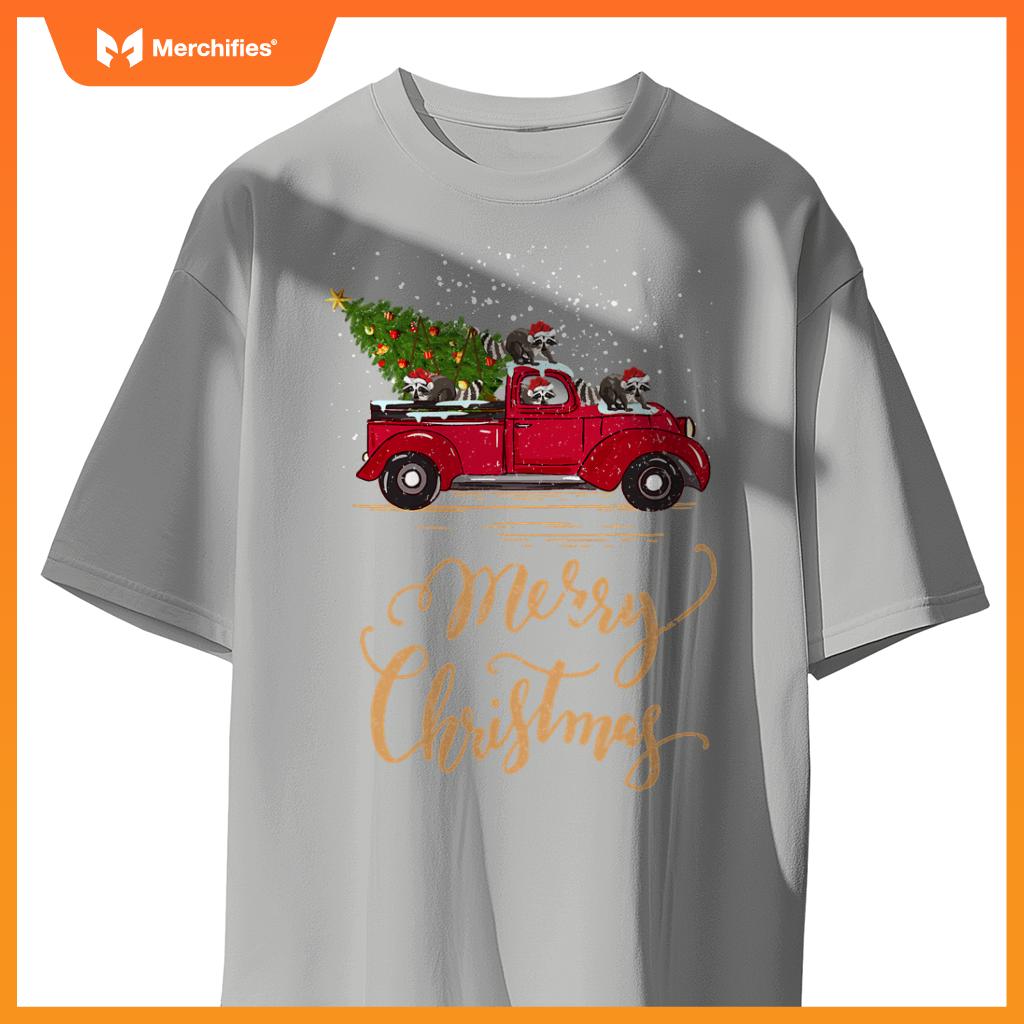 Raccoon Driving Christmas Tree Truck Raccoon Christmas T-Shirt
