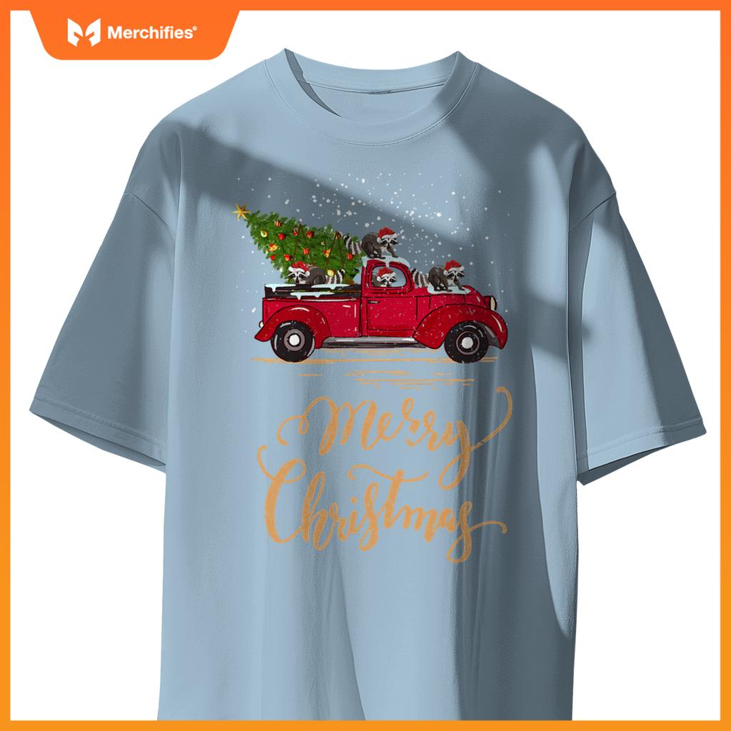 Raccoon Driving Christmas Tree Truck Raccoon Christmas T-Shirt