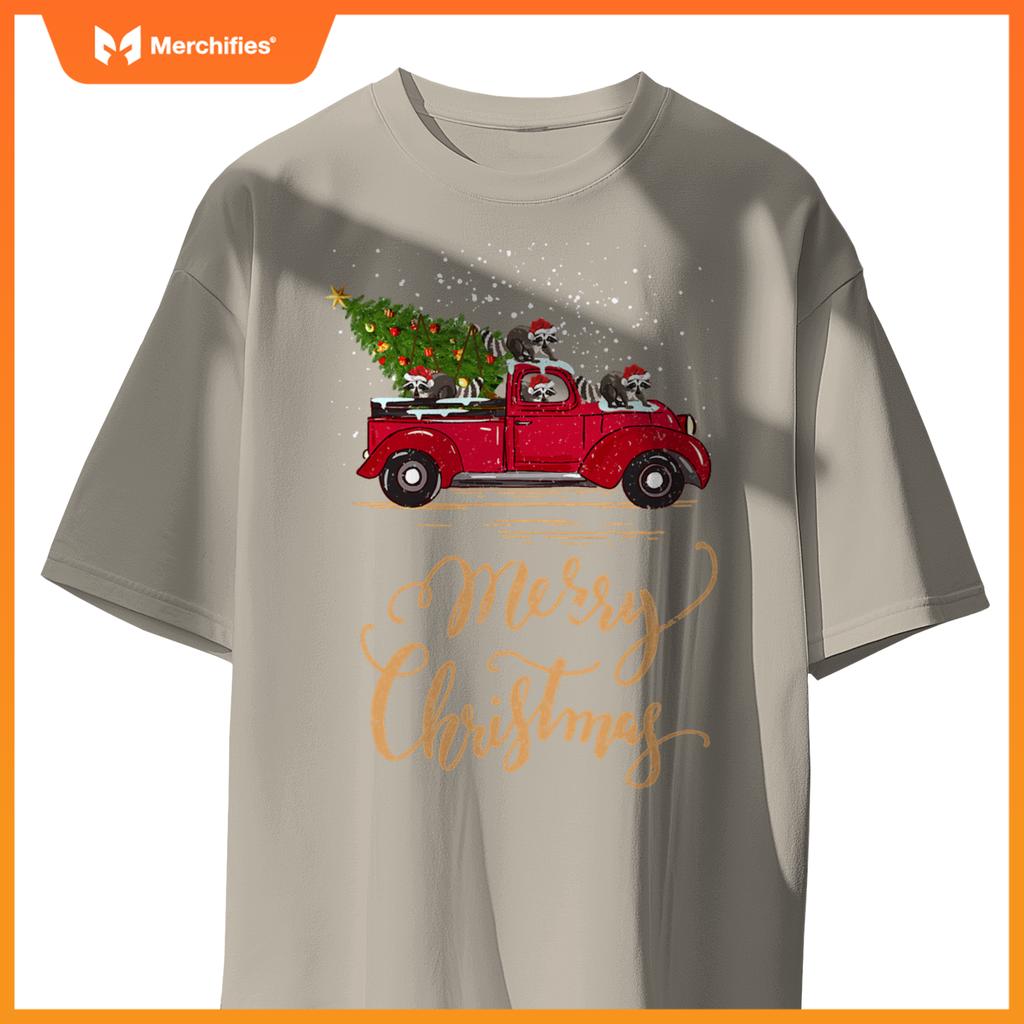 Raccoon Driving Christmas Tree Truck Raccoon Christmas T-Shirt
