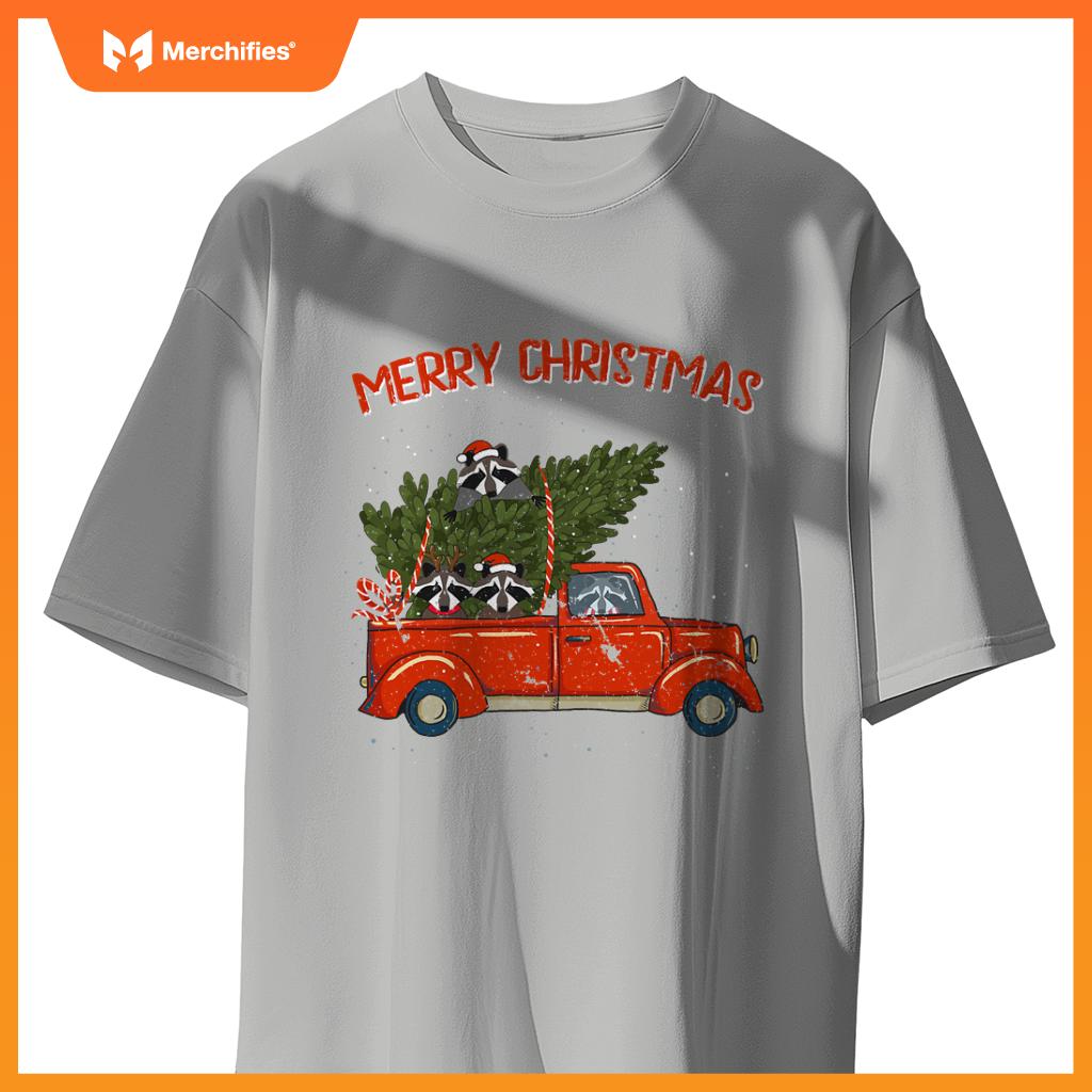 Raccoon Xmas  Red Pickup Truck T-Shirt